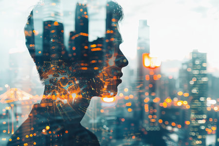 Contemporary metropolis fusion double exposure of businessperson with urban city skylineの写真素材