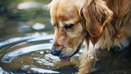 High definition close up of a golden retriever dog drinking water for detailed viewingの写真素材