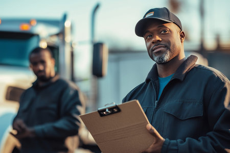 Black freight transportation manager and truck driver completing checklist in parking lot settingのeditorial素材