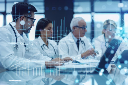 Digital composite medical business meeting with gray finance graph transition for modern analysisの写真素材