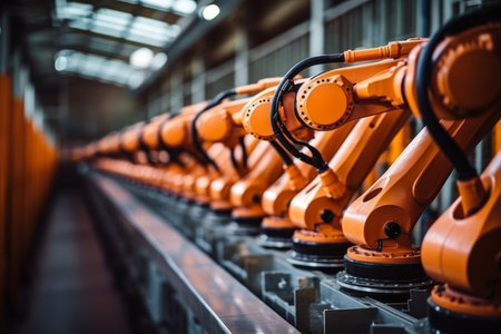 Mechanized industry robot and robotic arms for factory assembly- ai in industrial revolution and automationの写真素材