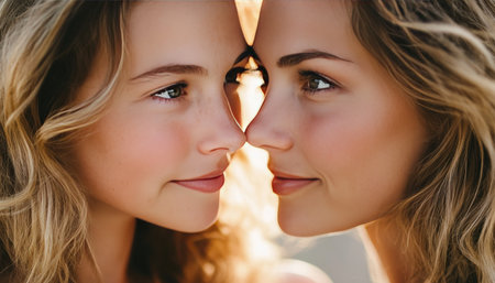 Minimalist portrait of a mother and daughter capturing their loving gaze and deep eye contactのeditorial素材