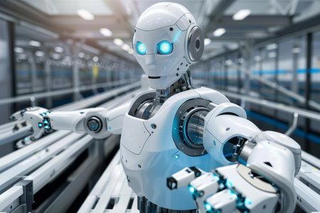 Ai mechanized industry robot and robotic arms for factory assembly, automation manufacturing processの写真素材