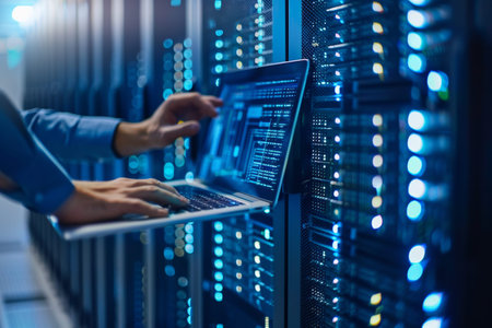 Computer engineer in server room with big data storage background, digital technology and it support