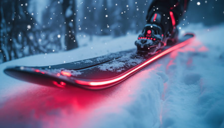 Futuristic ski featuring vibrant red lights on a pristine, snow covered landscape in winterの写真素材