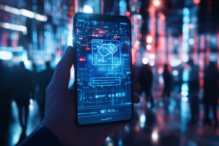 Voter authentication screen on smartphone with facial recognition for secure elections concept