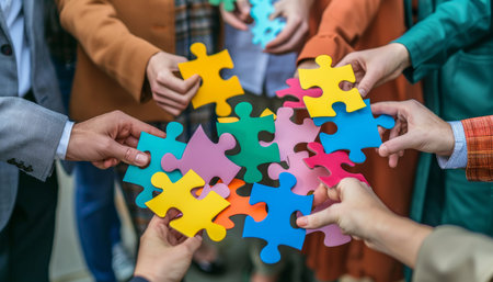Team of business professionals assembling colorful puzzle pieces, high quality image for successの写真素材