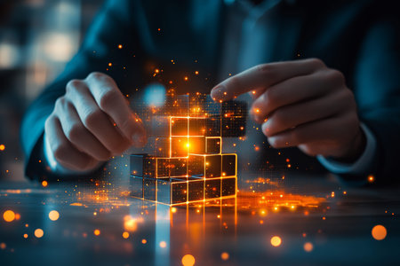 Businessman building digital blocks symbolizing growth in business development and technology