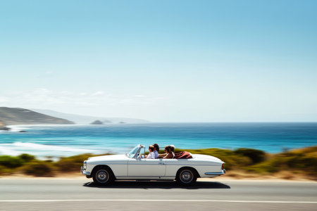 Dynamic white convertible with passengers cruising along coastal road with ocean view in backgroundの写真素材