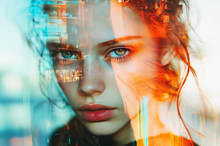 Closeup portrait of a young woman featuring double exposure and glitch effects in photography