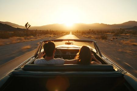 Joyful adventure two friends driving fast in an open top car against a desert sunset