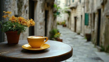 Morning coffee cup on a table surrounded by flowers in the charming streets of an old cityの写真素材