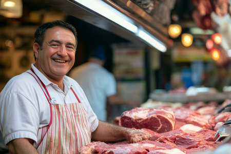 Cheerful butcher at grocery store meat market delighting customers with a friendly smileのeditorial素材