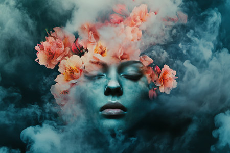 Surreal depiction of a woman s face merging with dark clouds and vibrant flowers, symbolizing healthの写真素材