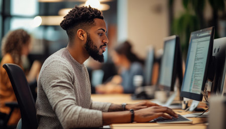 Close up of a digital marketing professional working on computers in a collaborative workspaceのeditorial素材