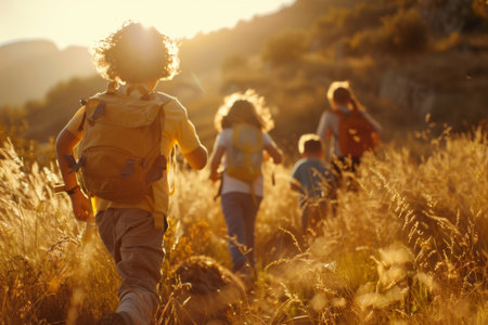 Children leading family on sunny day hiking adventure through scenic nature trailsの写真素材