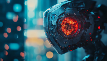 Stunning photography featuring a futuristic analytics robot set against a dynamic tech backgroundの写真素材