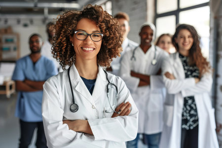Confident female doctor leads hospital team with smiling healthcare worker in groupの写真素材