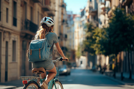 Young woman biking through city streets embracing active urban travel and adventureの写真素材