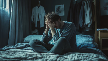 Sorrowful man sitting on bed, hiding face, struggling with relationship issues and heartbreakの写真素材