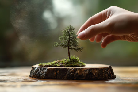 A hand placing a miniature tree on wood, representing nature and crafting creativity