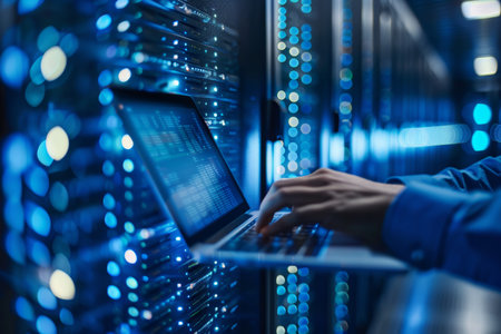 Computer engineer in server room with big data storage, digital technology, and it support conceptの写真素材