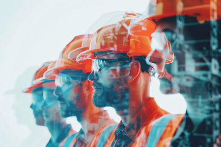 Diverse civil engineering team in double exposure banner with generative ai technology collaborationの写真素材