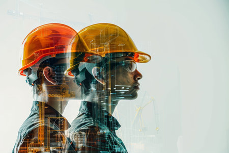 Diverse civil engineer team in double exposure banner with generative ai technologyの写真素材