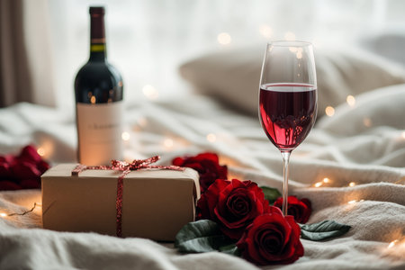 Romantic valentine's day setup wine and roses in a cozy bedroom for a memorable celebrationの写真素材