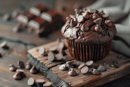 High quality image of chocolate chip muffin with selective focus for best search relevanceの写真素材