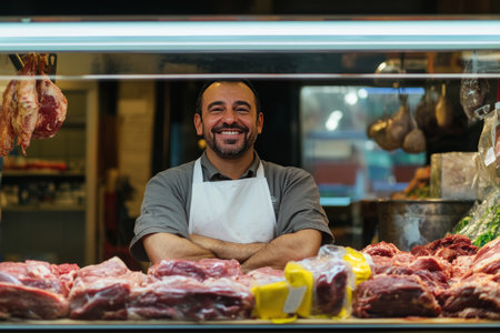 Cheerful butcher behind meat counter at grocery store welcomes customers with a smileのeditorial素材