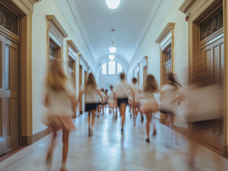 Excited students dash through school hallway on first day back to classrooms and learningの写真素材