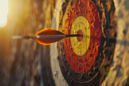 Close up of archery target with arrow, leaving generous room for convenient text placementの写真素材