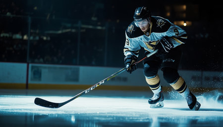 Professional ice hockey player taking a powerful shot on the puck with his hockey stickのeditorial素材