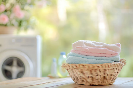 Pastel laundry pile in wicker basket on wooden table with laundry essentials in backgroundの写真素材