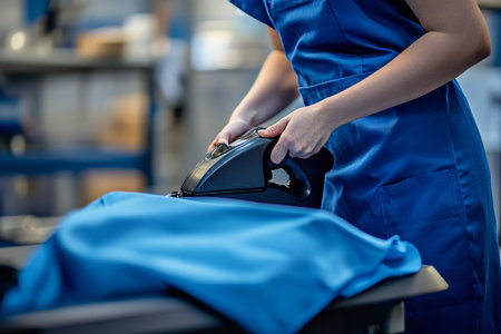 Female employee in blue uniform operating electric steam iron at work station for laundry tasksの写真素材
