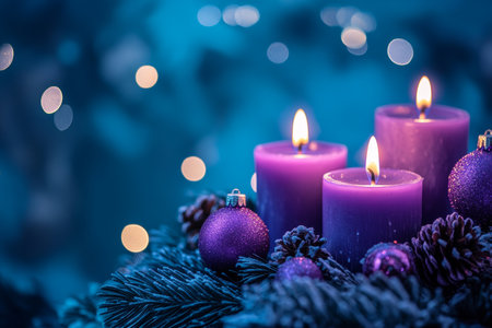 Purple candles and christmas decor illuminate a dark background with bokeh lights effectの写真素材