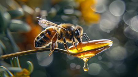 Macro shot of bee on honey spoon with amber honey dripping, showcasing exquisite detailsの写真素材