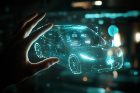 Man interacting with holographic smart car interface in a captivating 3d rendering sceneのeditorial素材