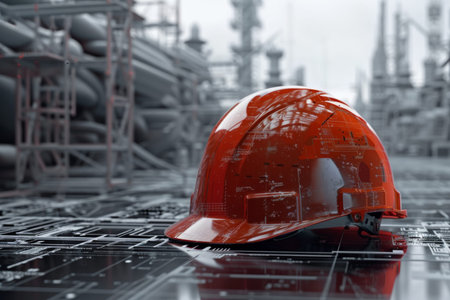 Architectural themed hard hat 3d concept with blueprint and background showing structuresの写真素材