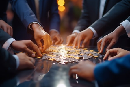 Business team meeting unity and cooperation with jigsaw puzzle concept for teamworkの写真素材