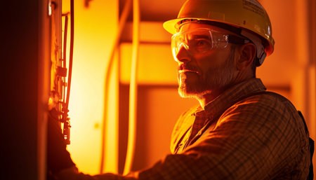 Profile of a male electrician in hard hat and safety goggles working under vibrant orange lighting