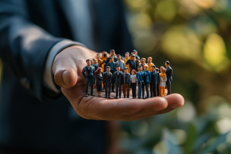 Businessman holding 3d rendered group of people in his hand, symbolizing leadership and teamworkの写真素材