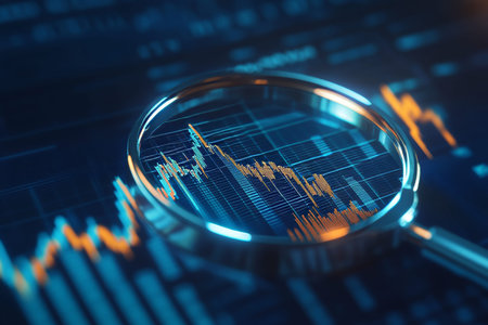 Magnifying glass focusing on rising graph on dark blue background, symbolizing stock market growth