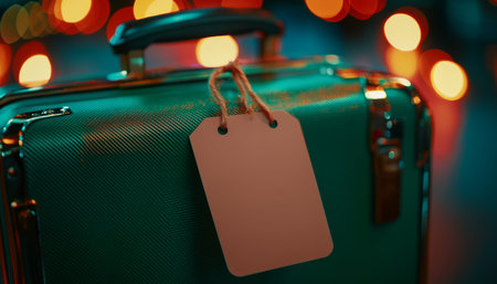 Close up of a green suitcase with blank tags against a vibrant background travel and vacation themeの写真素材