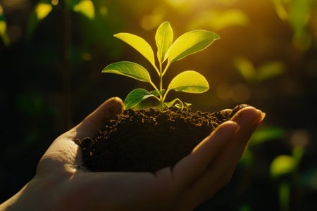A person cradling soil with green plants, symbolizing new life and nature's environmental protection