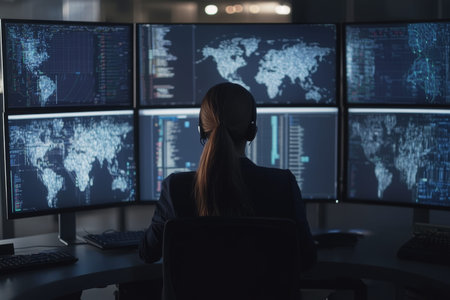 Dedicated female analyst analyzing global data across multiple computer screens in control room