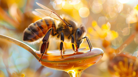 Close up view of a bee on a honey spoon with amber nectar dripping in high quality image