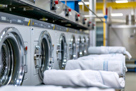 Commercial laundry machines for dry cleaning services with ample space for text placementの写真素材