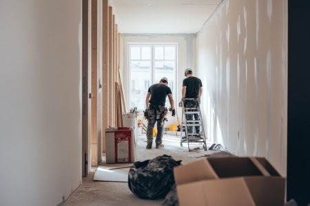 Construction workers renovating apartment hallway with tools and materials under natural lightの写真素材